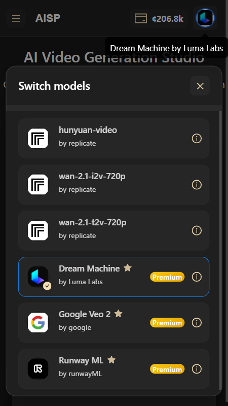 Model selection UI